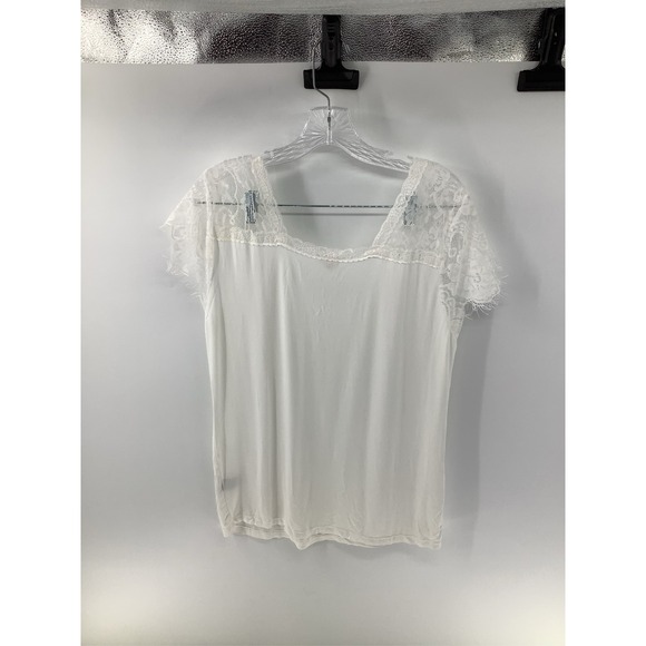 POL Tops - POL Womens White Lace Trim V-Neck Short Sleeve Knit Top Medium Boho Romantic
